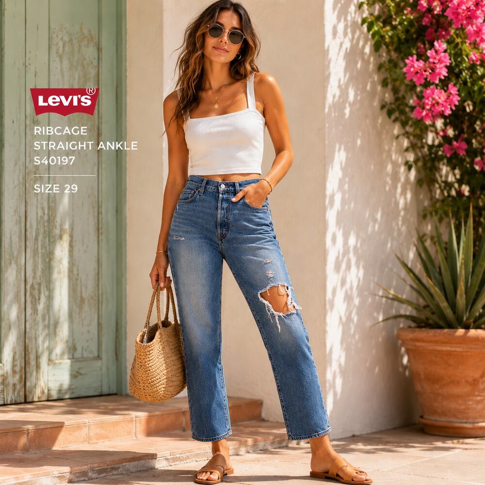 Levi's SZ 29 Premium Denim Ribcage Straight Ankle Distressed  S40197